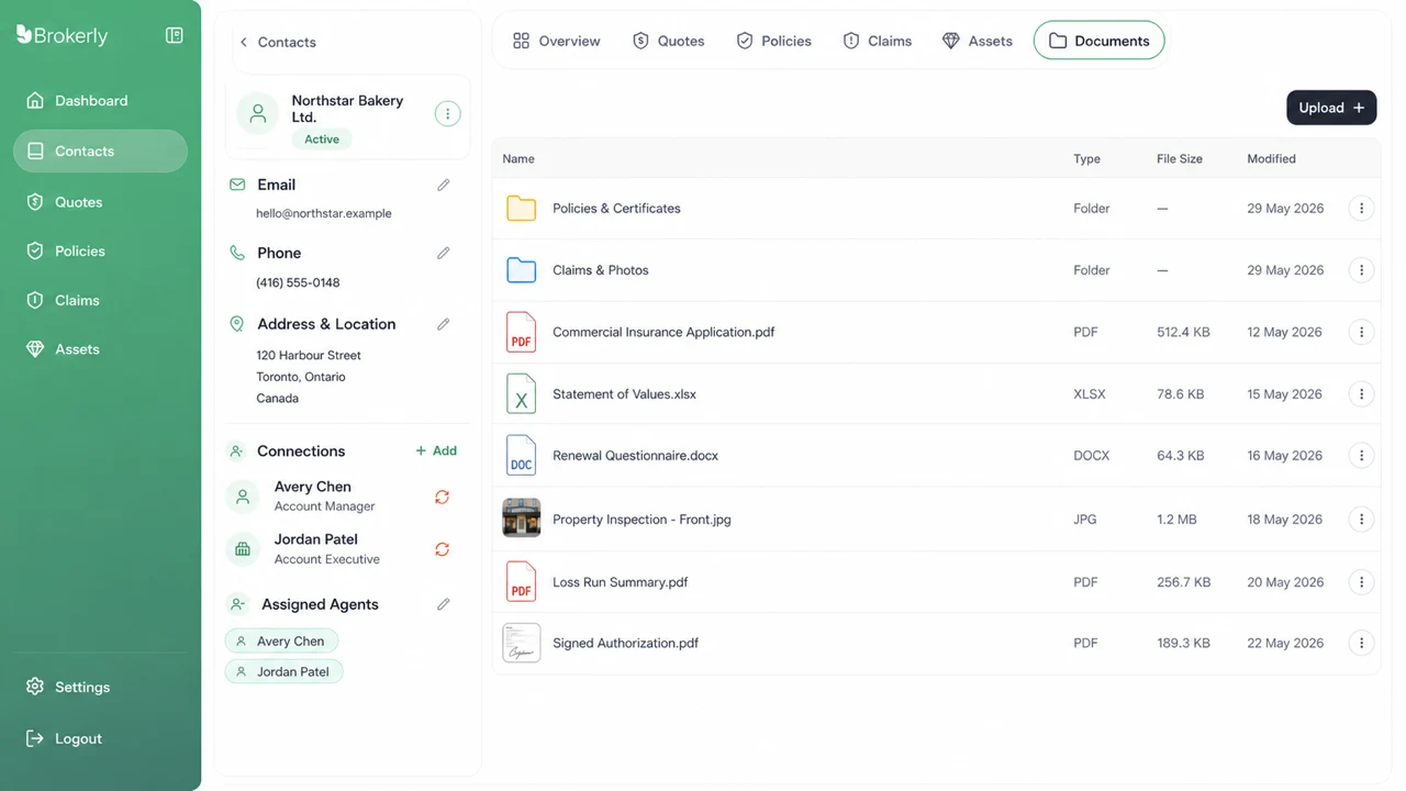 Brokerly document workspace showing organized folders, document types, and file thumbnails