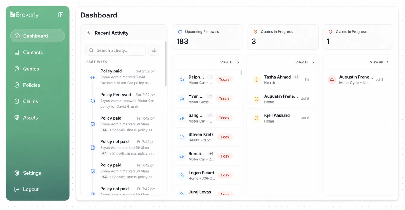 Brokerly dashboard preview showing recent activity, renewals, quotes, and claims