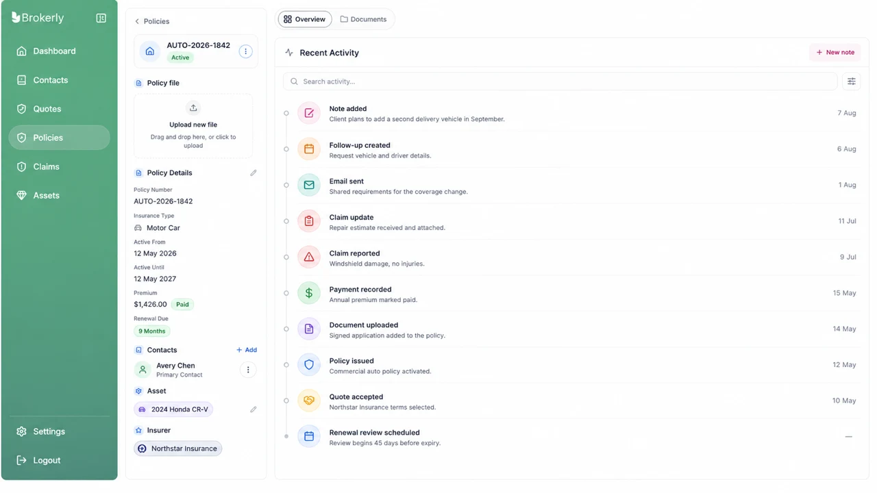 Brokerly policy workspace showing connected quote, policy, claim, note, and renewal activity